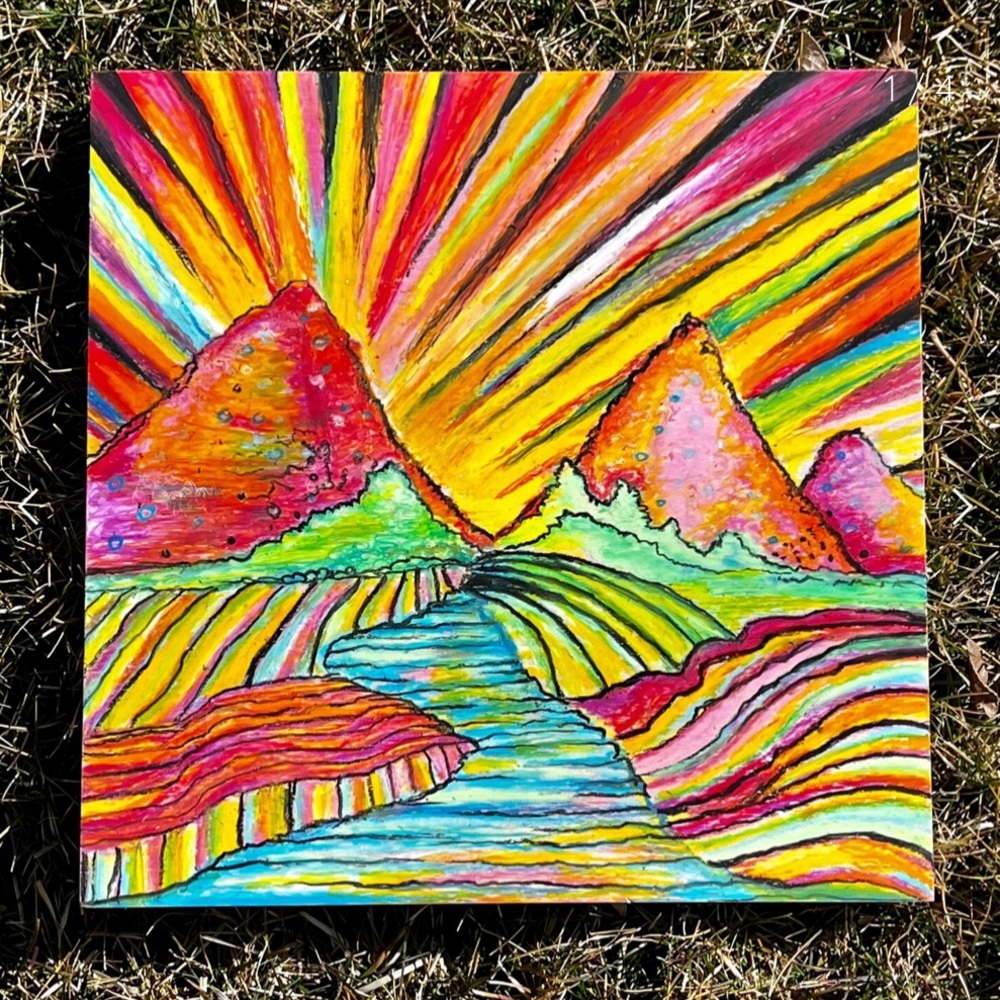 Psychedelic Rainbow Oil Pastel on Wood Panel